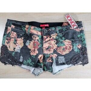 BONGO Shorts Floral Lace Low Rise Mini Size 9 Distressed Cut Off Denim Y2K